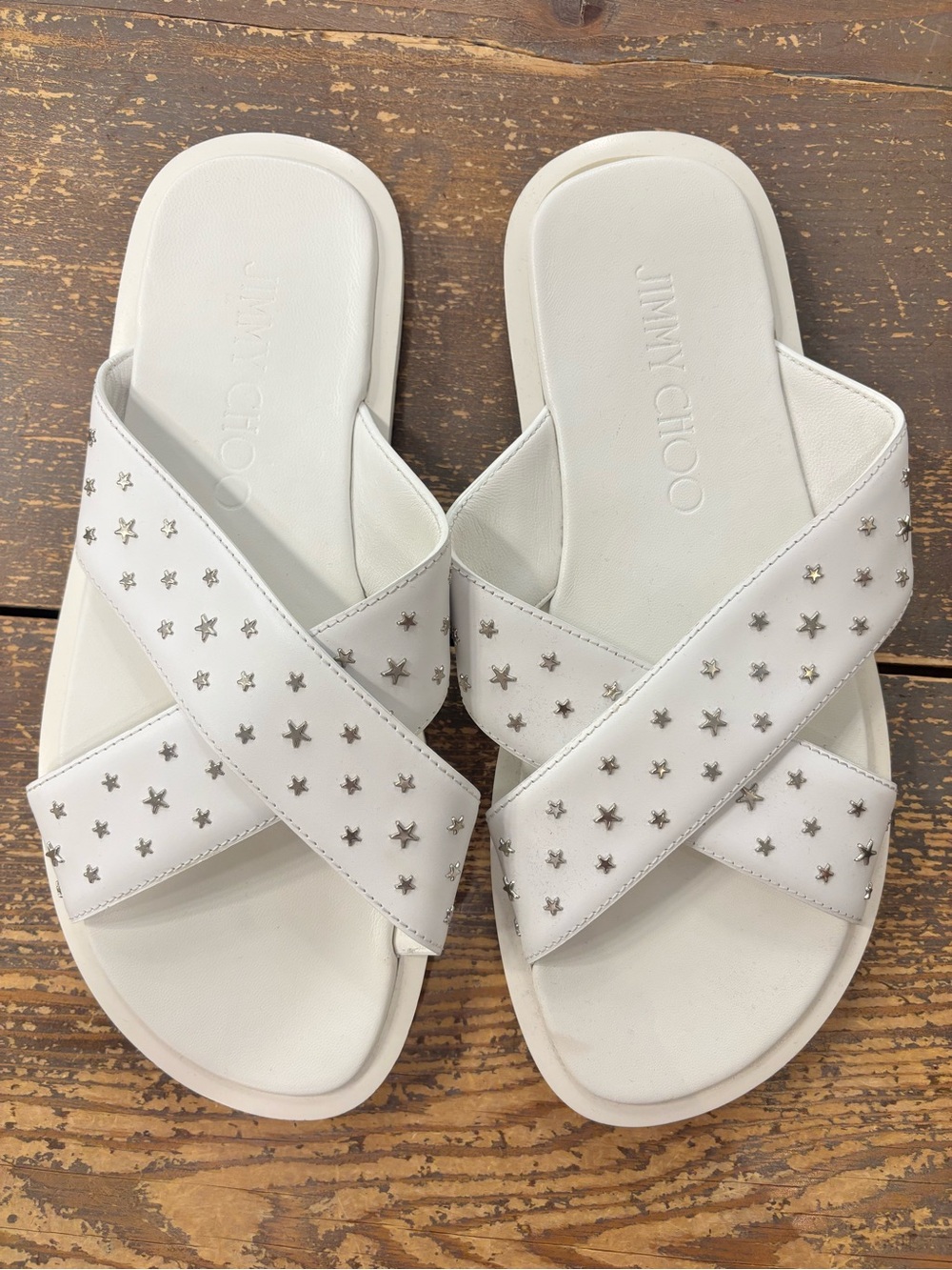 Jimmy Choo White Star-Studded Leather Slide Sandals Size 40